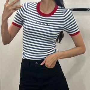 Tommy Hilfiger Size Small Women's Blue and Red Striped Tee